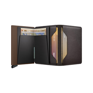 Secrid Slimwallet Original open showing brown European cowhide and black card protector with cards and banknotes