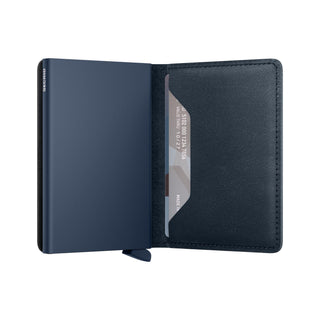 Secrid Slimwallet Original with navy blue leather and card partially visible in cardholder slot
