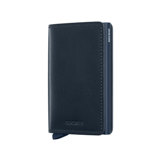 Secrid Slimwallet Original in navy blue European cowhide with compact slim design and embossed logo