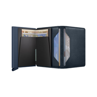 Secrid Slimwallet Original in navy European cowhide leather with cards and banknotes visible
