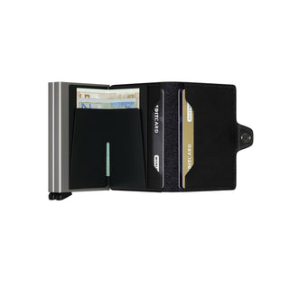Secrid Twinwallet Original showing black European cowhide with metal card protector and open flap design