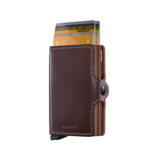 Secrid Twinwallet Original brown European cowhide wallet with card slide mechanism partially open