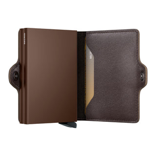 Secrid Twinwallet Original in brown European cowhide with card ejector and snap closure open view