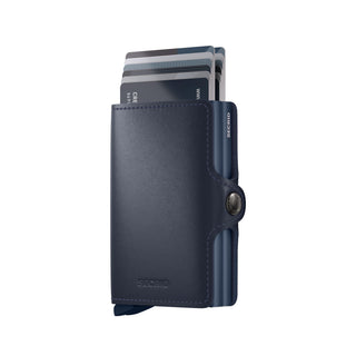 Secrid Twinwallet Original in navy blue European cowhide leather with card ejector open showing multiple cards