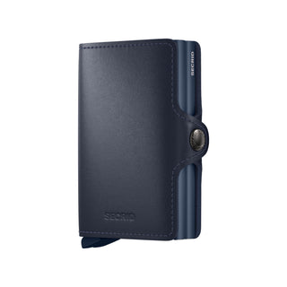 Secrid Twinwallet Original in navy blue European cowhide with slim button closure and embossed logo