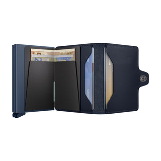 Secrid Twinwallet Original in navy blue European cowhide with card slots and banknote compartment open view