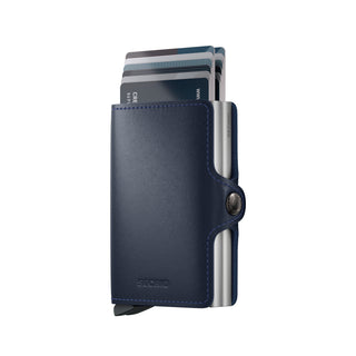 Secrid Twinwallet Original in navy blue European cowhide leather with cards partially ejected and stitched edges