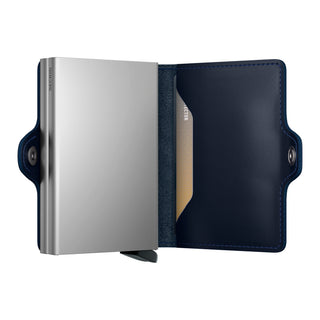 Secrid Twinwallet Original with navy blue European cowhide leather and sleek silver aluminum card protector open view