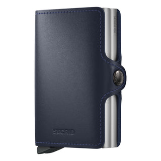 Secrid Twinwallet Original navy blue European cowhide leather wallet with metal card protector and button closure