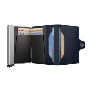 Secrid Twinwallet Original open displaying navy leather with metal card protector and cash compartment