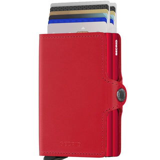 Secrid Twinwallet Original red leather wallet with cards partially extended showing compact design