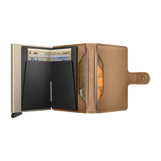 Secrid Miniwallet Pebble beige cowhide wallet open showing card slots and banknotes inside