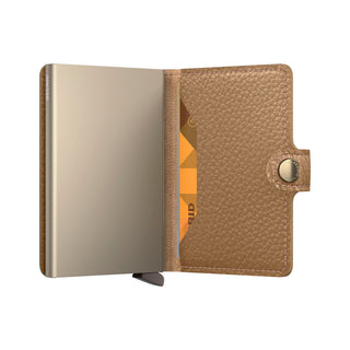 Secrid Miniwallet Pebble in tan pebble leather with metal card protector and snap closure open view