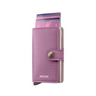 Secrid Miniwallet Pebble in purple European cowhide leather with cards partially extended and button closure