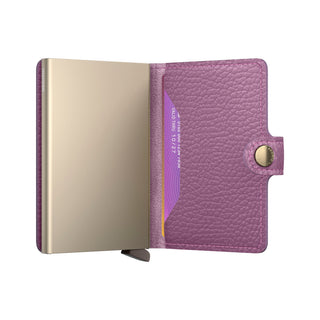 Secrid Miniwallet Pebble purple European cowhide with metal card protector open showing card slot and clasp