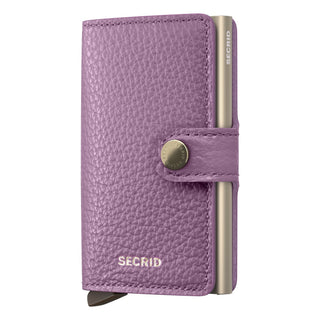 Secrid Miniwallet Pebble in textured purple European cowhide with secure snap closure and metal card protector