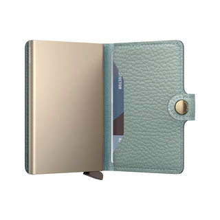Secrid Miniwallet Pebble in textured green European cowhide with metal card protector opened view