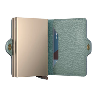 Secrid Twinwallet Pebble in soft green European cowhide with metallic card protector open view