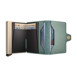 Secrid Twinwallet Pebble in green European cowhide leather with card slots and banknotes visible