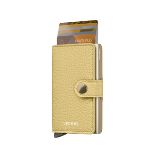 Secrid Miniwallet Pebble in textured yellow European cowhide with cards partially extended from the top
