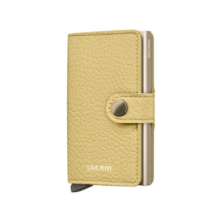 Secrid Miniwallet Pebble in yellow European cowhide with secure button clasp and aluminum card protector
