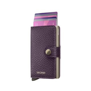 Secrid Miniwallet Pebble in purple European cowhide leather with embossed texture and card fanned out