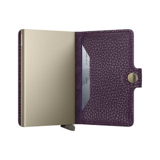 Secrid Miniwallet Pebble in purple European cowhide with embossed texture and metal card protector open view