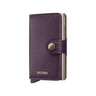 Secrid Miniwallet Pebble in textured purple cowhide leather with metallic card protector and snap closure