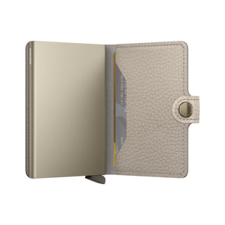 Secrid Miniwallet Pebble in beige European cowhide with textured surface and metallic card protector open view