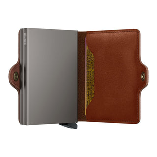 Secrid Twinwallet Texano with brown European cowhide leather and sleek metal cardholder open view