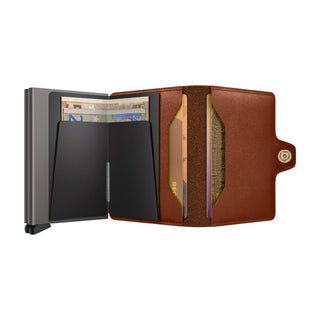 Secrid Twinwallet Texano in brown European cowhide with card protector and snap closure open view