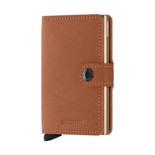Secrid Miniwallet Veg in brown European cowhide with button strap and slim metal cardholder edge visible