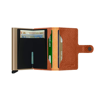 Secrid Miniwallet Veg in brown European cowhide with card slots and metal card protector open view