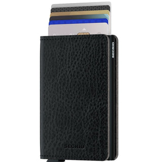 Secrid Slimwallet Veg in black European cowhide leather showing cards partially ejected from top slot
