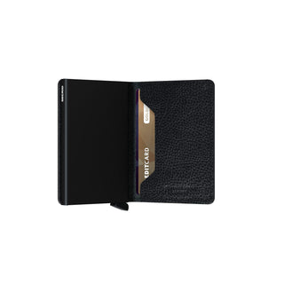 Secrid Slimwallet Veg black European cowhide with open cardholder showing textured interior