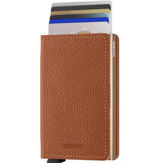 Secrid Slimwallet Veg in brown European cowhide showing cards partially extended from metal casing