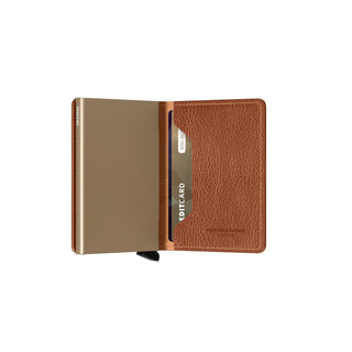 Secrid Slimwallet Veg in brown European cowhide leather with metal card protector open display