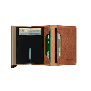 Secrid Slimwallet Veg open showing brown European cowhide leather with multiple card slots and cash compartment