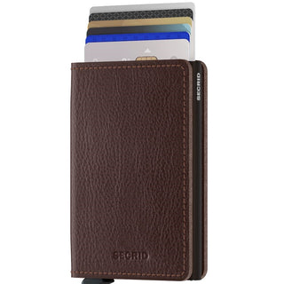 Secrid Slimwallet Veg brown European cowhide leather wallet with multiple cards fanned out