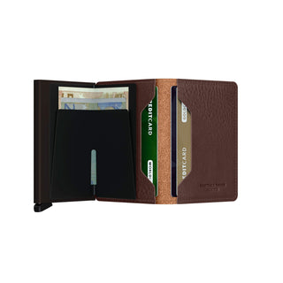 Secrid Slimwallet Veg with rich brown European cowhide and secure cardholder mechanism open view