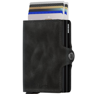 Secrid Twinwallet Vintage wallet in black European cowhide leather with card slide open display