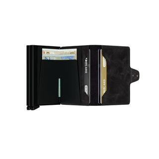 Secrid Twinwallet Vintage open showing black European cowhide leather with cards and banknotes inside