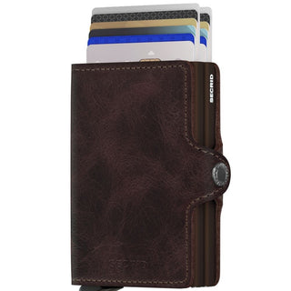 Secrid Twinwallet Vintage in brown European cowhide leather with cards fanned out and button clasp visible