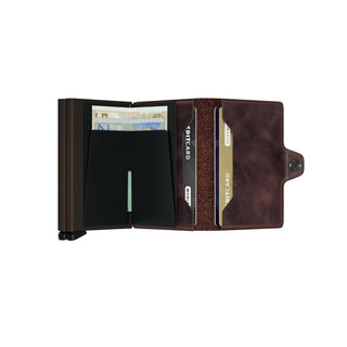Secrid Twinwallet Vintage open showing dark brown leather with card slots and banknotes inside