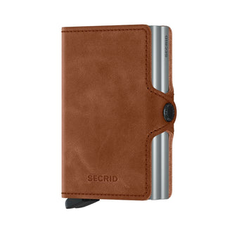 Secrid Twinwallet Vintage in brown European cowhide leather with silver aluminum card protector visible