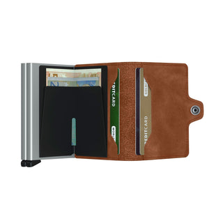 Secrid Twinwallet Vintage open showing brown European cowhide leather with cards and banknotes inside