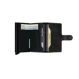 Secrid Miniwallet Vintage in black European cowhide leather with open compartments and card slots visible