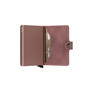 Secrid Miniwallet Vintage open showing brown European cowhide leather and card slot with button closure