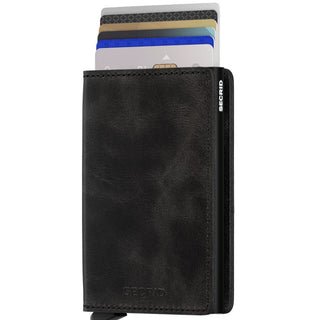 Secrid Slimwallet Vintage in black European cowhide leather holding multiple cards with embossed texture