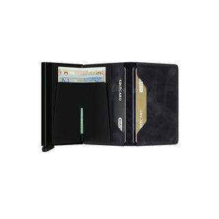Secrid Slimwallet Vintage black European cowhide wallet open showing card slots and cash compartment